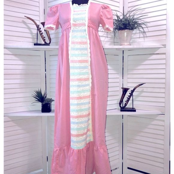 Vintage Dresses & Skirts - Vintage 60s 70s prairie peasant cottagecore pink and white maxi dress Sz S